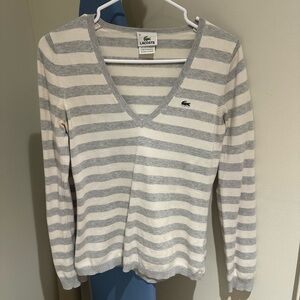 Vintage Lacoste Gray and Cream Striped V-Neck Top